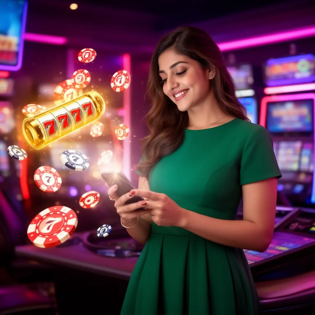 45DB App – A seamless and immersive mobile casino experience for players in Bangladesh Confident Bangladeshi player exploring casino games on the 45DB mobile app with floating chips and slot symbols around her