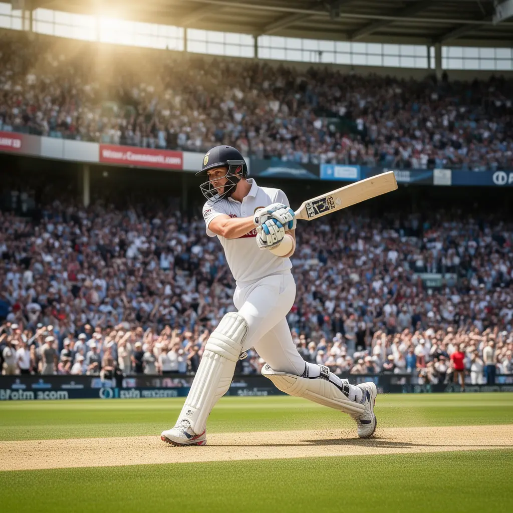 Cricket batsman in white gear playing a decisive shot in a packed stadium capturing the thrill of live cricket betting with 45DB in Bangladesh