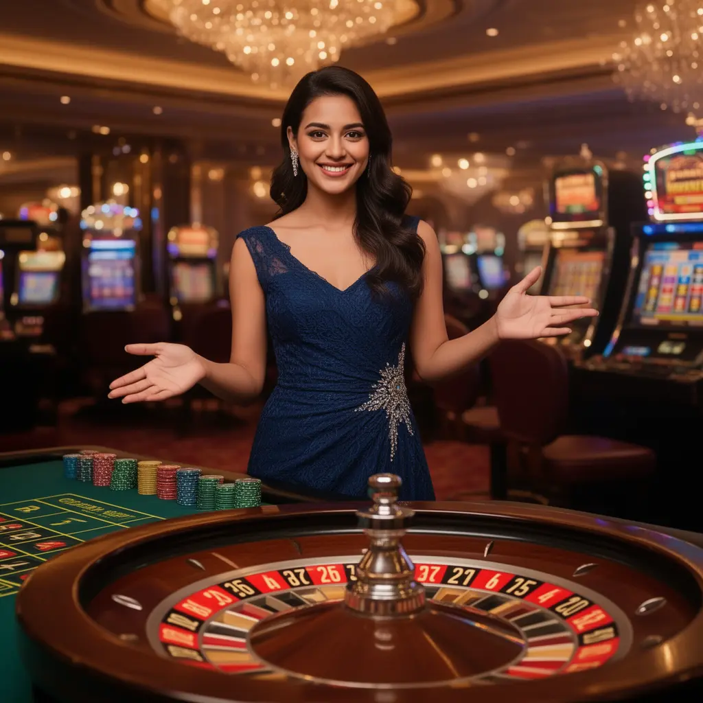 Elegant casino hostess standing at a roulette table with live gaming elements in the background showcasing the immersive live casino experience at 45DB for players in Bangladesh
